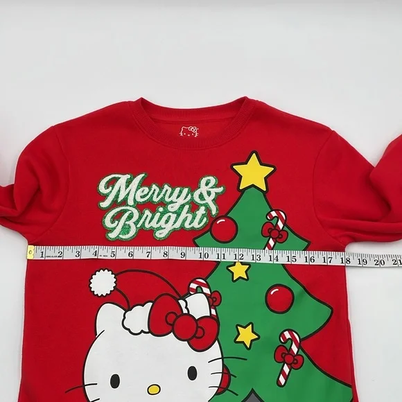Hello Kitty Red Graphic Christmas Merry & Bright Tree Sweatshirt Crewneck - Picture 11 of 17